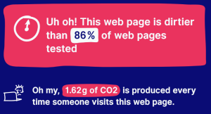 blue and pink image, with white text which shows a  tool used for breaking down a website’s carbon footprint with clear comparisons to the real world
