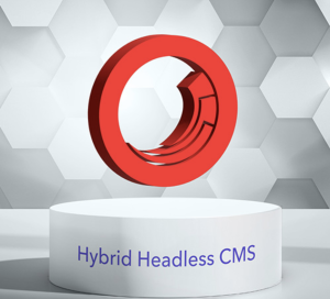 image of sitecore's red logo above a white platform that has "hybrid headless cms" written on it